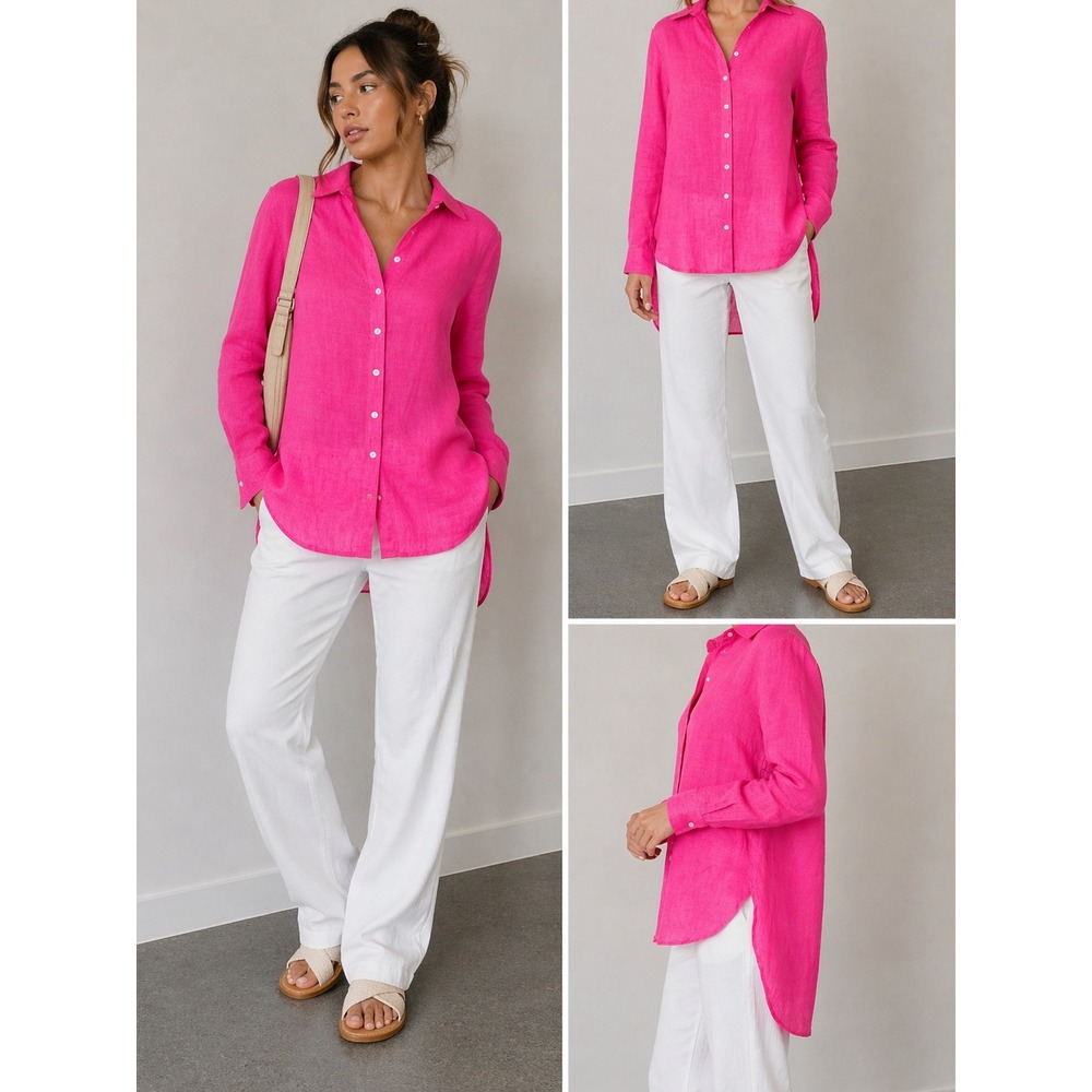 APNY Hot Pink 100% Linen Button Down High Low Shirt Womens XL NEW